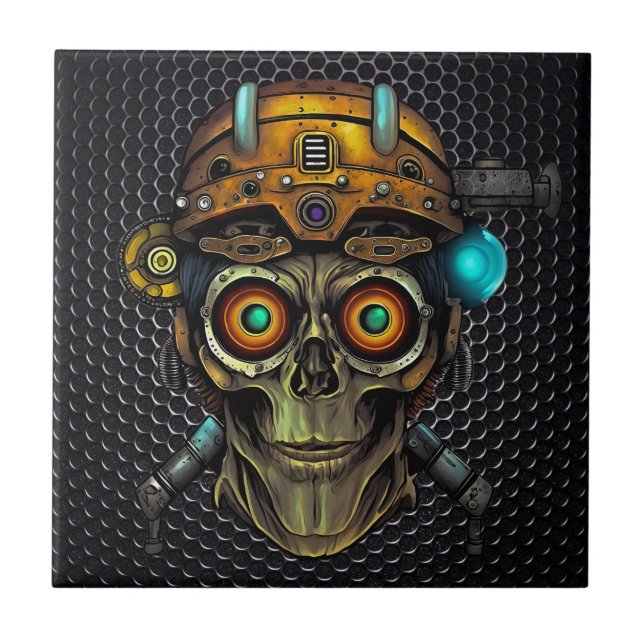 Carreau en céramique de crâne de cyborg Steampunk (Devant)