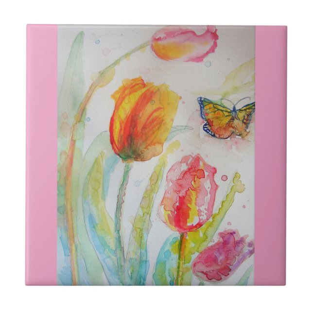 Carreau en céramique de tulipe rose à l'aquarelle  (Devant)