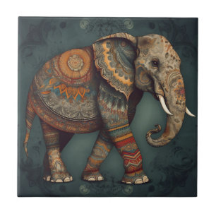 Carreau en céramique d'éléphant Boho avec des déco