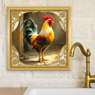 Carreau en céramique dorée Coq de Ferme
