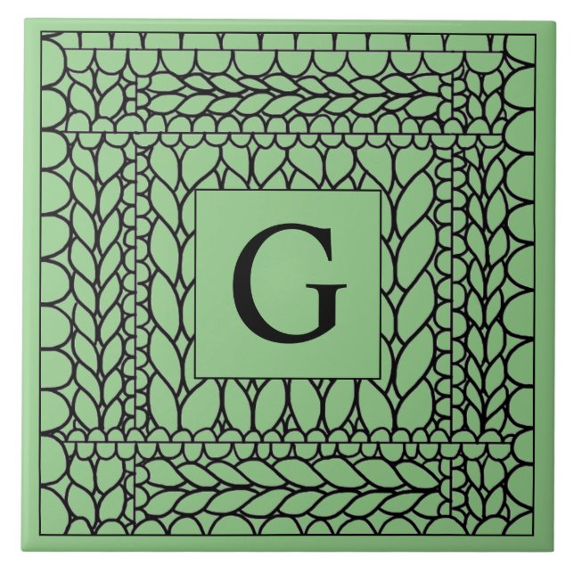 Carreau en céramique KNIT PURL SAGE + Initiale (Devant)