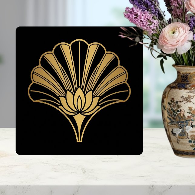 Carreau en céramique noir à éventail de lotus doré (Créateur téléchargé)