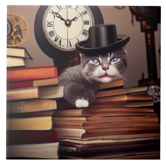 Carreau en céramique représentant un chat Steampun (Devant)