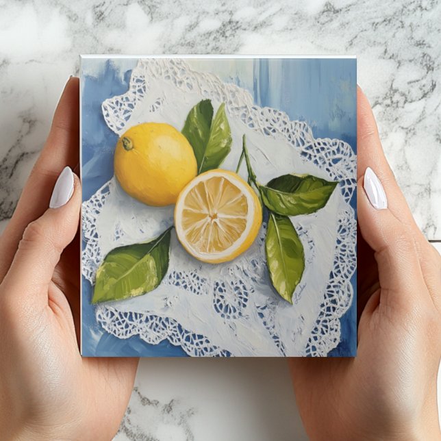 Carreau en céramique vintage dentelle de citron ch (Lemons on Lace Ceramic Tile - Country Farmhouse Style - Bridal Shower Favors)