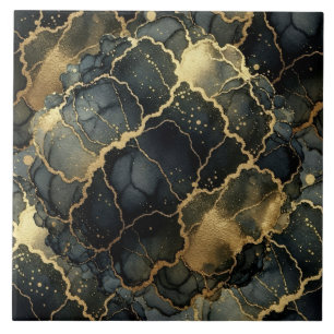 Carreau Encre alcoolique noire et or de luxe sur marbre