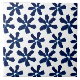 Carreau Encre aquarelle bleue indigo motif floral blanc