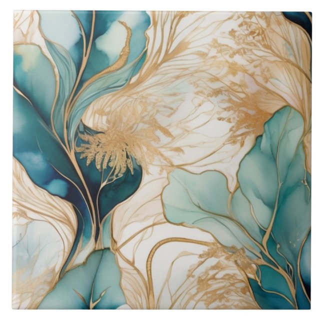 Carreau Encre D'Alcool Abstraite Unique Avec Limites D'Or (Devant)