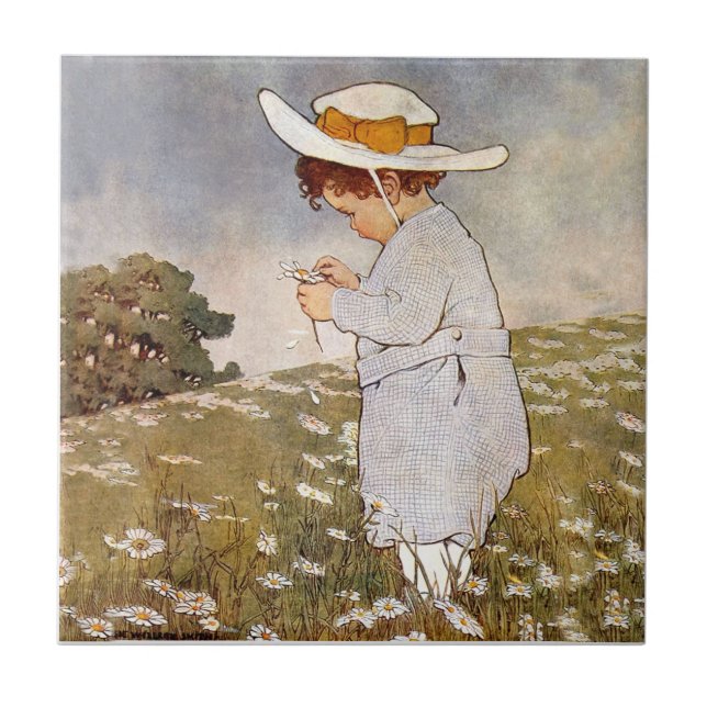 Carreau Enfant Antique Cueillant des Marguerites Bessie Pe (Devant)