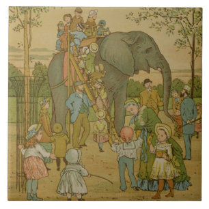 Carreau Enfants montant sur l'éléphant (litho)