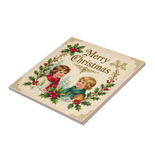 Carreau Enfants victoriens Joyeux Noël vintage