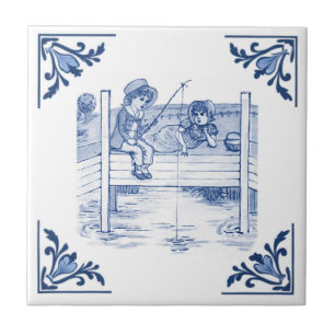Carreau Enfants vintages Pêche Enfants Delft Bleu & Blanc