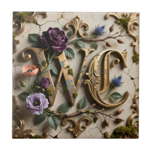Carreau Enseigne en or à monogramme WC floral antique