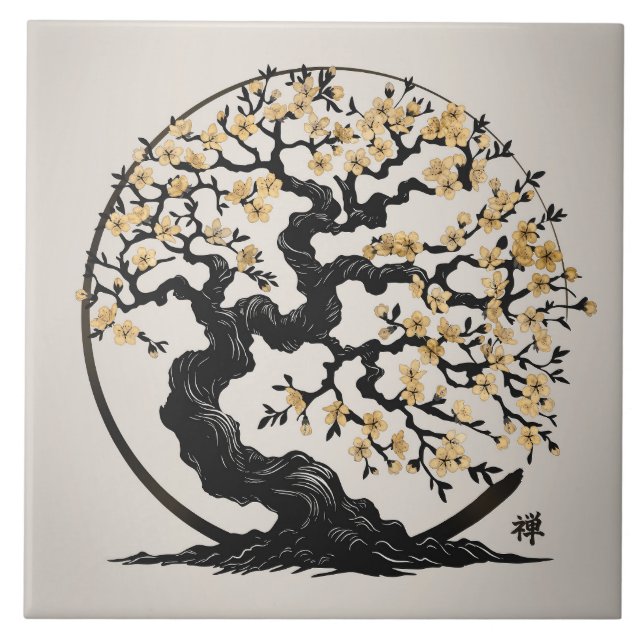 Carreau Enso Zen Cercle Sakura arbre - Golden Blossom (Devant)