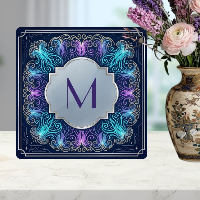 Carreau Envoûtant Monogramme Tourbillons de Teal Violet Dé (Créateur téléchargé)