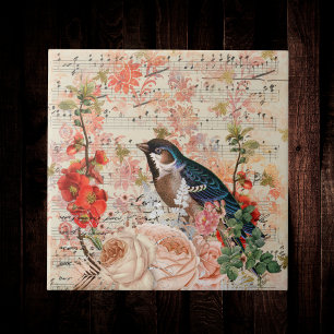 Carreau Ephémère musicale vintage Orange Blue Floral Bir