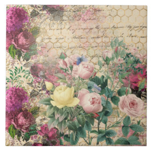 Carreau Ephémère rose florale avec ruche et écriture ma