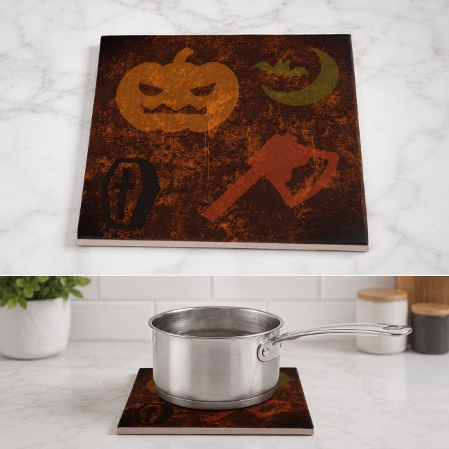 Carreau Épouvantes d'Halloween sur fond sinistre (Halloween Scares on Eerie Background Tile)