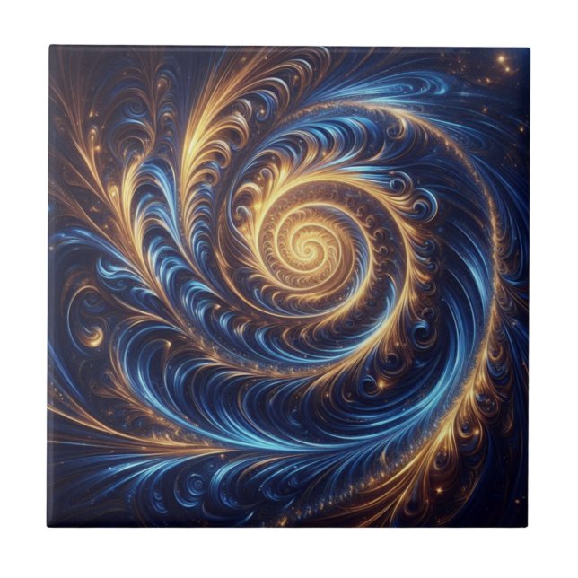Carreau Espace Abstrait moderne Royal Blue et Gold Swirls (Devant)