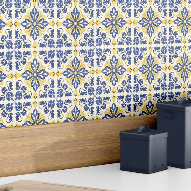 Carreau Espagnol Azulejo Moderne Elégant Bleu Jaune (Spanish Azulejo Modern Elegant Blue Yellow Ceramic Tile)