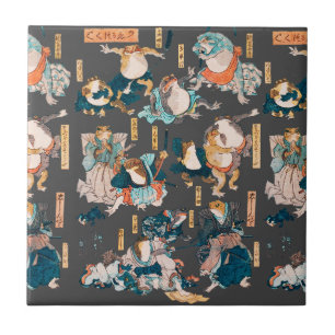 Carreau Estampe japonaise de grenouille sur bois Kuniyoshi