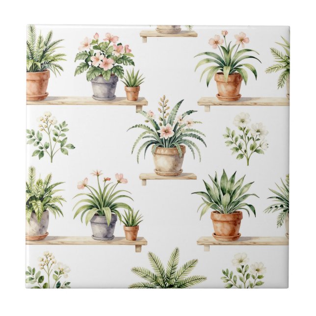 Carreau Étagère de plantes en pot à l'aquarelle (Devant)