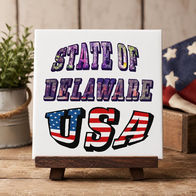 Carreau État du Delaware Image et Texte du Drapeau des Éta (State of Delaware USA Photo & Flag Text Ceramic Tile)