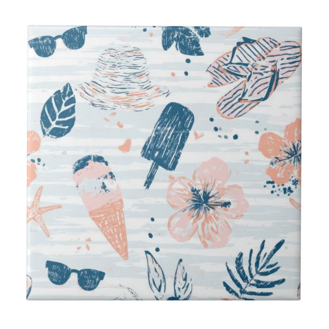 Carreau Été Plage Tropical Bleu Corail Rayé  (Devant)