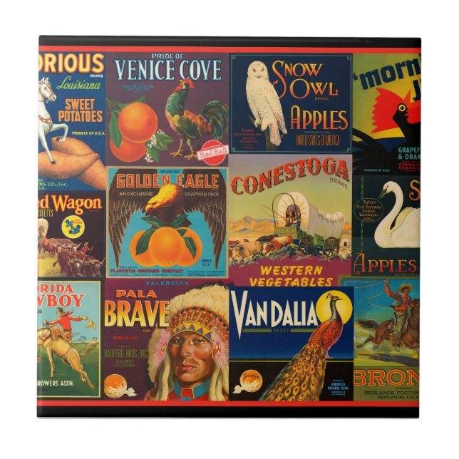 Carreau Étiquettes vintages de caisse de fruit (Devant)