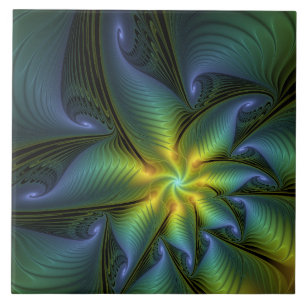 Carreau Etoile Abstraite, Bleu brillant Vert Or Fractal Ar