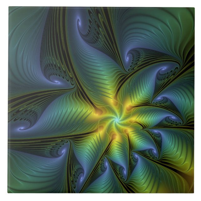 Carreau Etoile Abstraite, Bleu brillant Vert Or Fractal Ar (Devant)