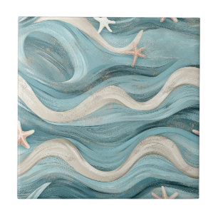 Carreau Étoile de mer côtière sur motif de vagues de sable
