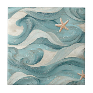 Carreau Étoile de mer côtière sur motif de vagues de sable