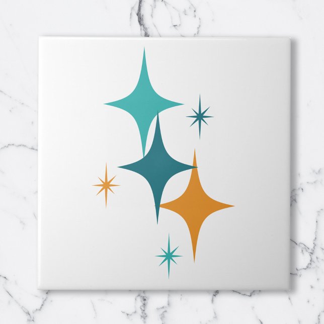 Carreau Étoiles Atomiques de Style Milieu de Siècle Blanc  (Mid Century Atomic Stars White Teal Aqua Orange Ceramic Tile)