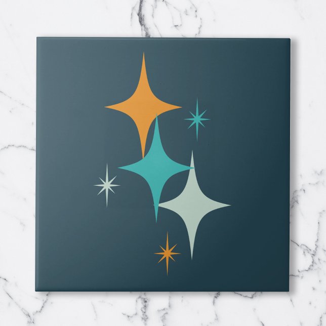 Carreau Étoiles Atomiques du Milieu du Siècle Sarcelle Fon (Mid Century Atomic Stars Dark Teal Aqua Orange Ceramic Tile)