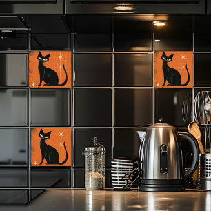 Carreau Étoiles de chat noir vintage Retro MCM Orange noir