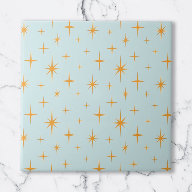 Carreau Etoiles Motif Mid Century Moderne Orange Aqua (Stars Pattern Mid Century Modern Orange Aqua Ceramic Tile)