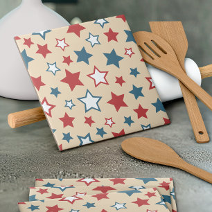 Carreau Étoiles rouges et bleues, 4 juillet, fond beige