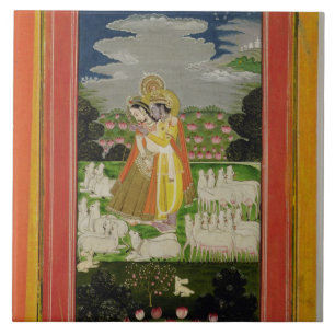 Carreau Étreinte de Radha et de Krishna dans un landscap