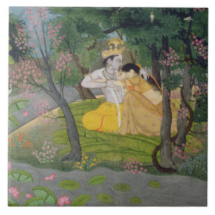 Carreau Étreinte de Radha et de Krishna dans un verger de