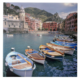 Carreau Europe, Italie, Vernazza. Bateaux peints de couleu