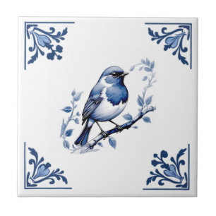 Carreau Europe Robin Bird Delft Blue White Floral Corner