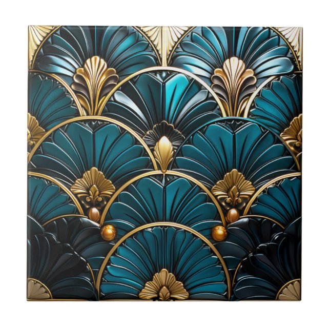 Carreau Éventails à plumes bleues Art Déco et accents doré (Devant)