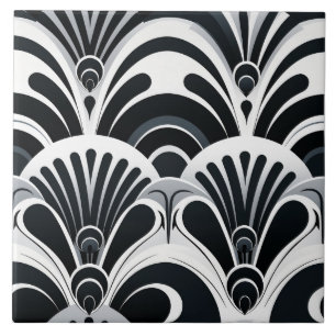 Carreau Éventails Art Déco à motifs en coquille noirs et b