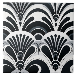 Carreau Éventails Art Déco à motifs en coquille noirs et b