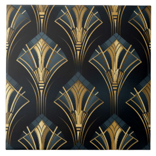 Carreau Éventails Art Déco en bleu marine et or
