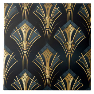 Carreau Éventails Art Déco en bleu marine et or