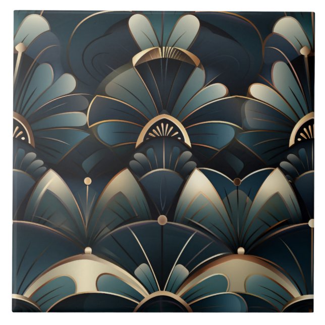 Carreau Éventails floraux Art Déco sarcelle avec lignes do (Devant)