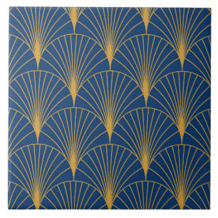 Carreau Éventails géométriques dorés Art Déco sur fond ble