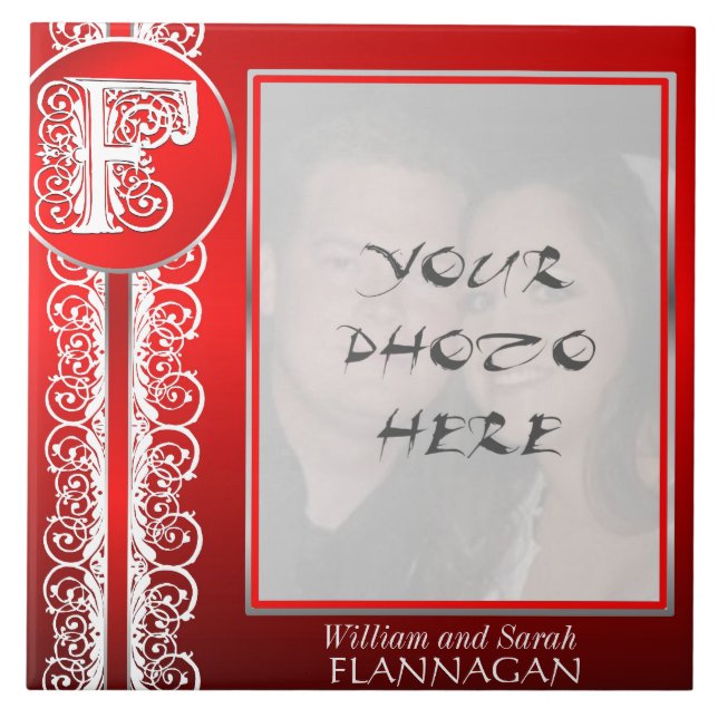 Carreau F Monogramme "Dentelle blanche sur rouge" avec pho (Devant)