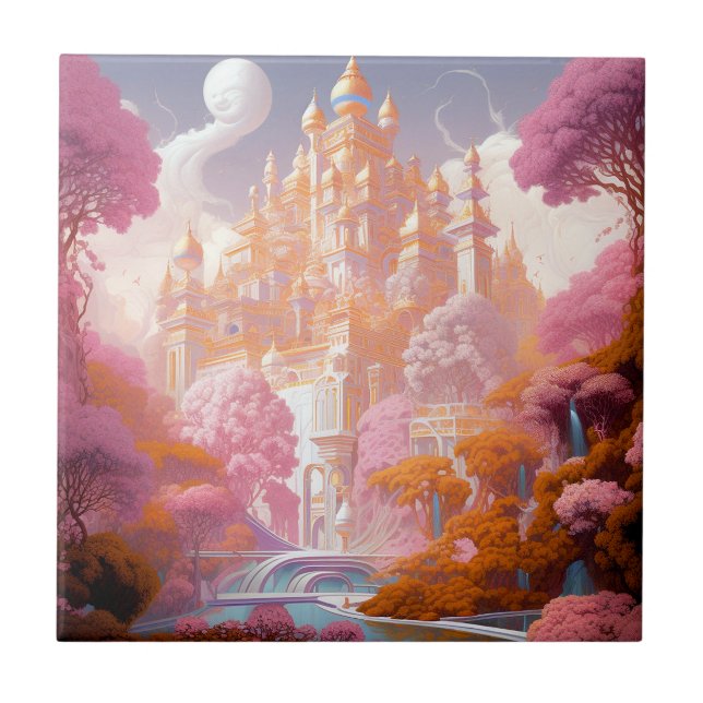 Carreau Fairy Tale Castle Rose White Gold Imaginaire Art (Devant)